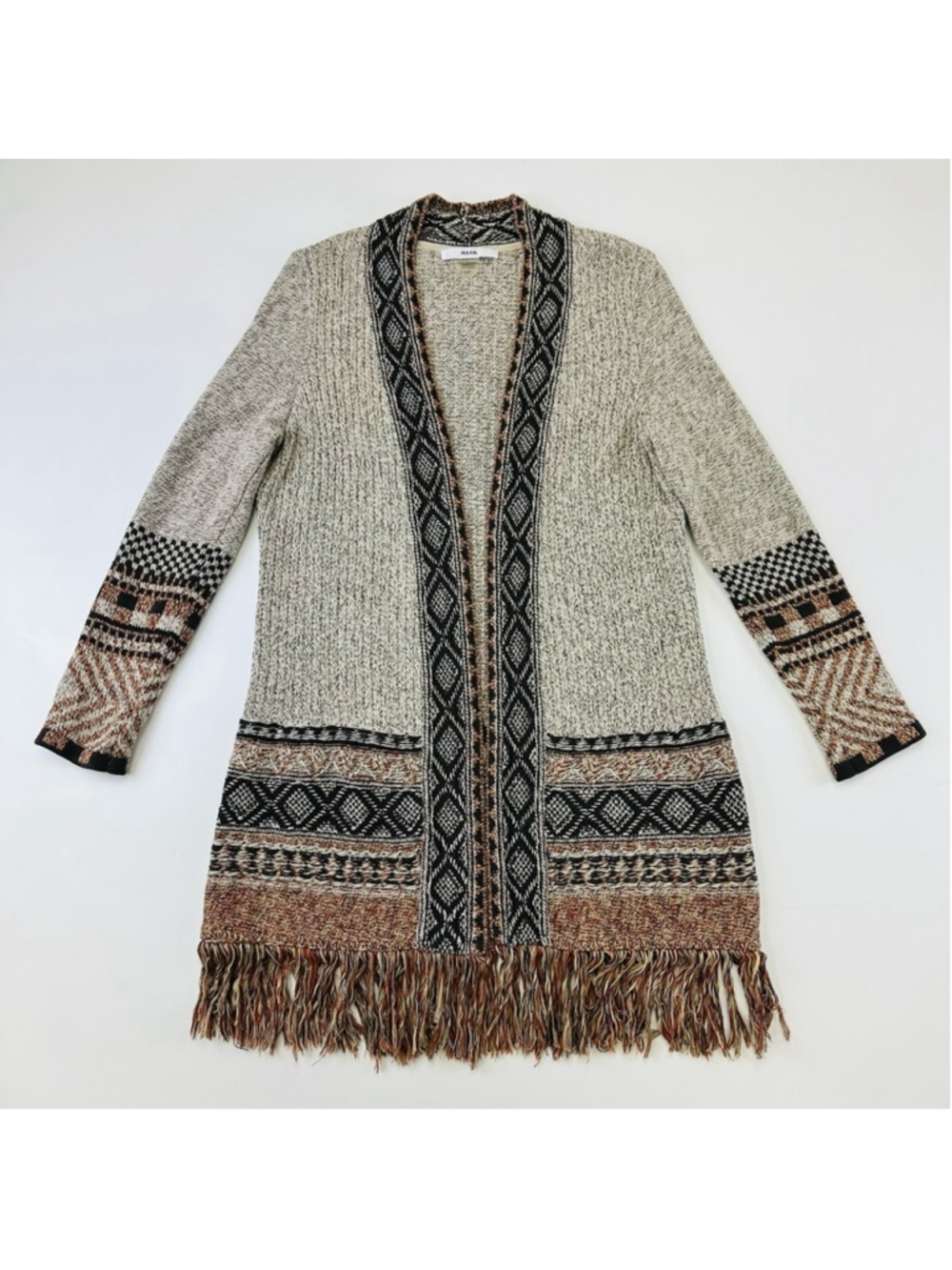 Alia long line fringe cardigan Womens Small open southwest casual brown grey